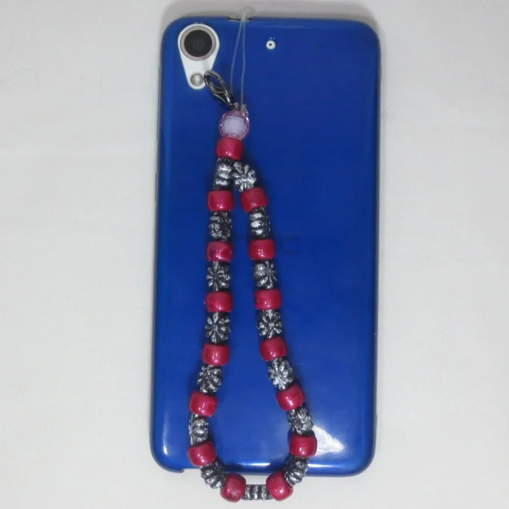 Handmade Stretch Bracelet Red and Silver Beaded Phone Charm Accessory Lanyard